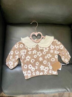 Baby Floral Top with Peter Pan Collar - Beige & White